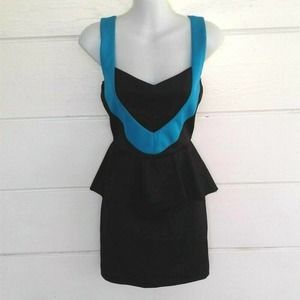 O-Sher Black Blue Peplum Sleeveless Dress Bodycon Stretch Mini Party Small